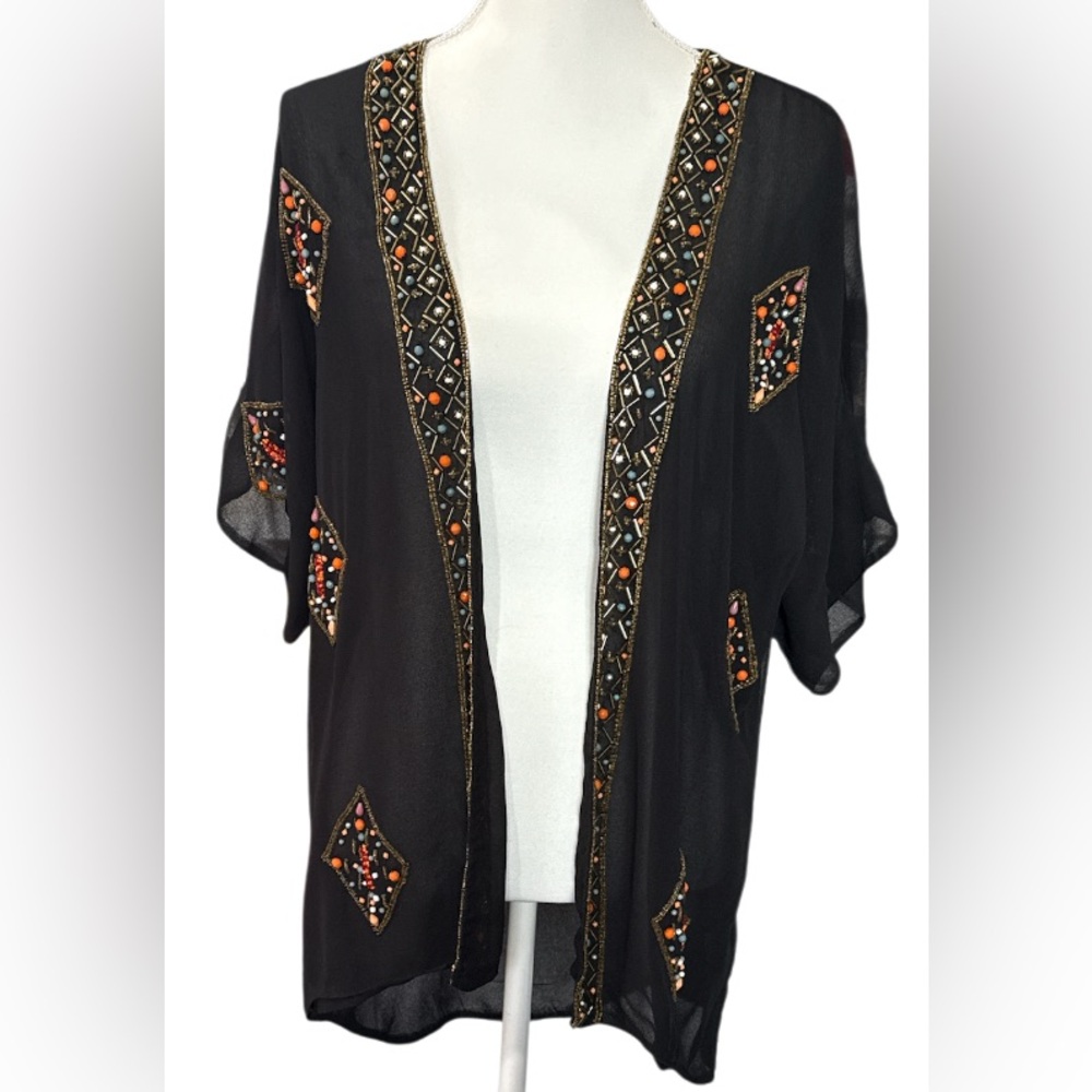 Quinn black cocktail Kimono with Colorful Embellishments size L
